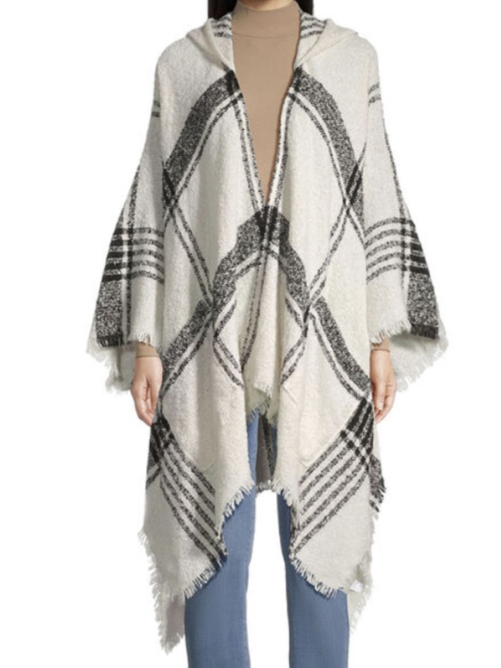 World Market Black and White Plaid Hooded Wrap Poncho Beach Travel Cute One Size